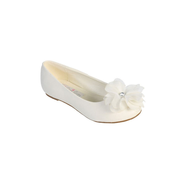 Little Girls Ivory Chiffon Rhinestone Large Flower Adorned Flats - SophiasStyle.com